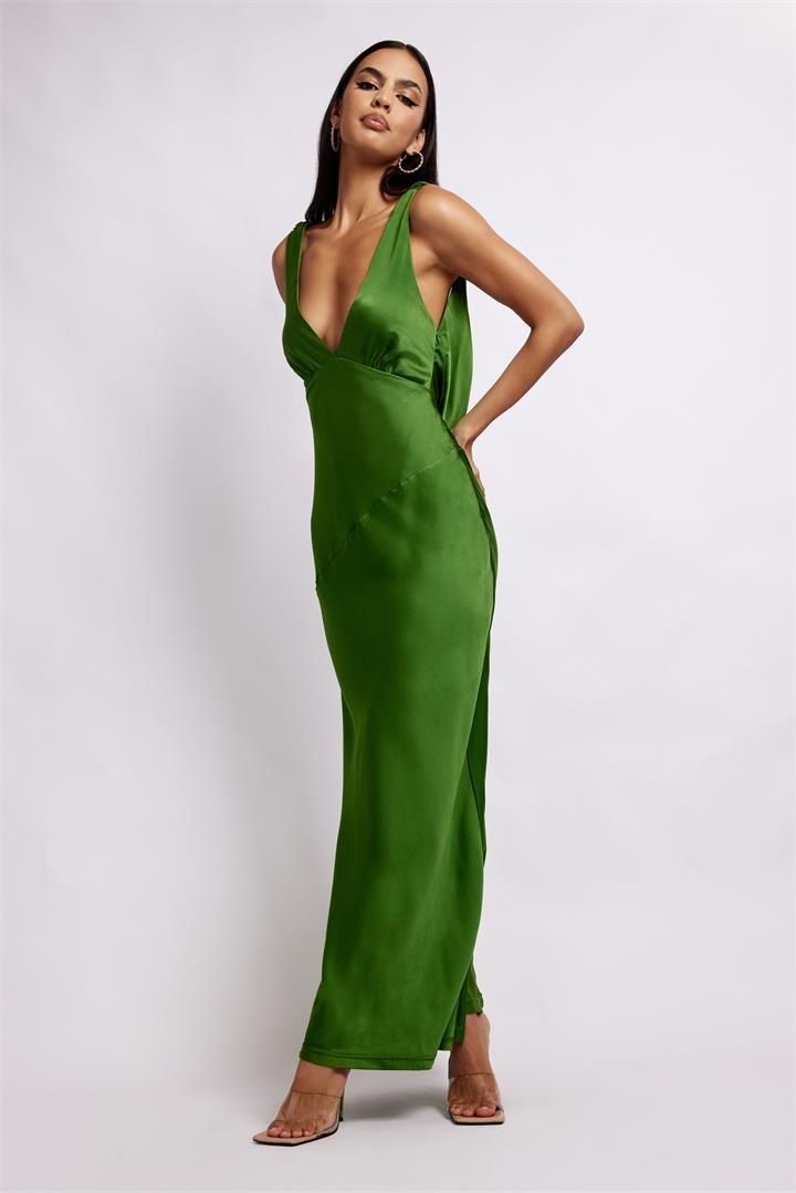 Nadia Maxi Satin Dress With Back Cowl - Emerald