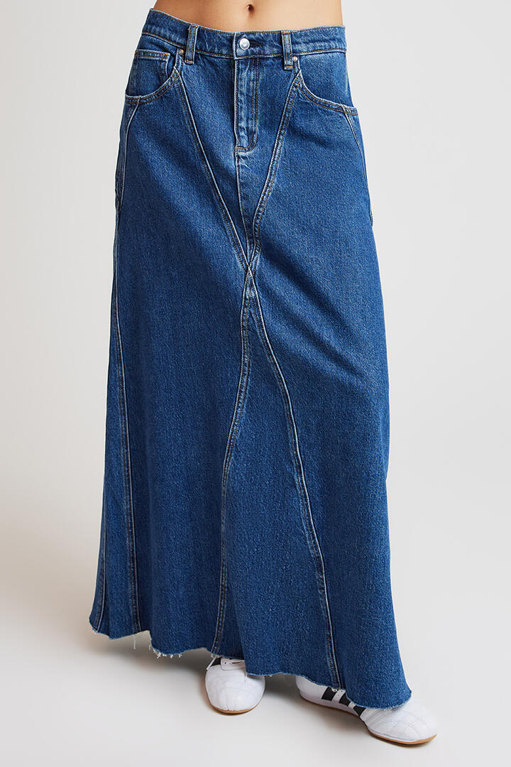 Ode Lane Denim Panelled Maxi Skirt Mid Denim Wash