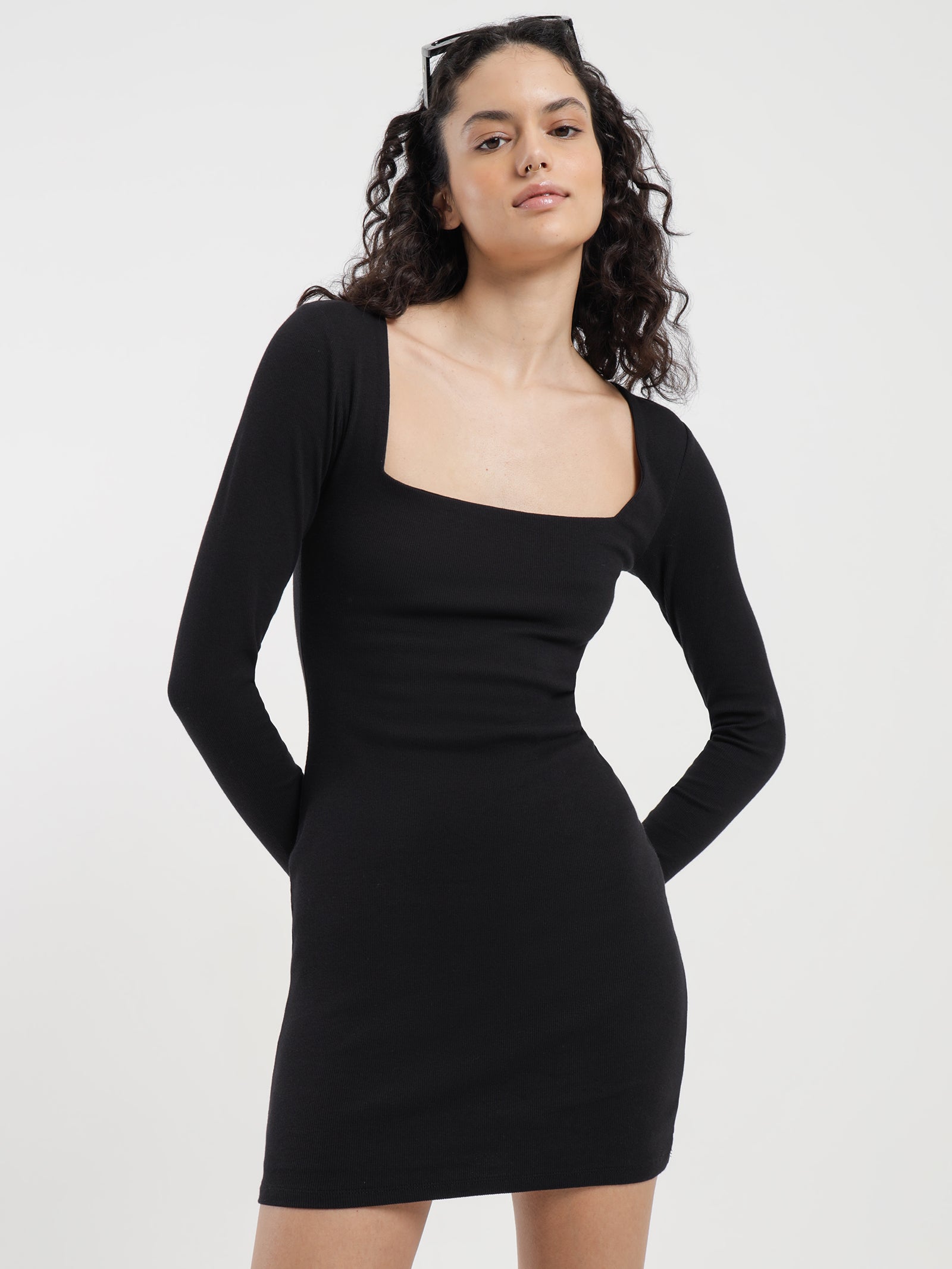 Prya Square Neck Mini Dress in Black