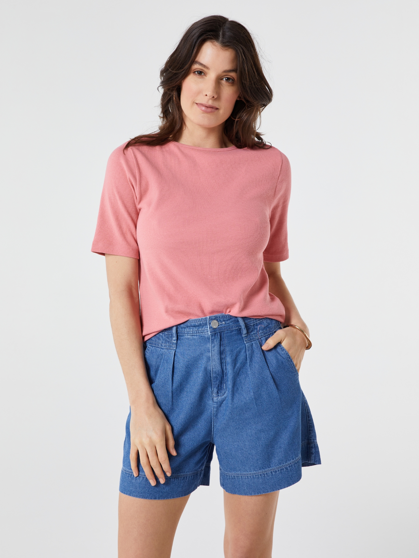 Rib Elbow Sleeve Boatneck Tee Peony Pink