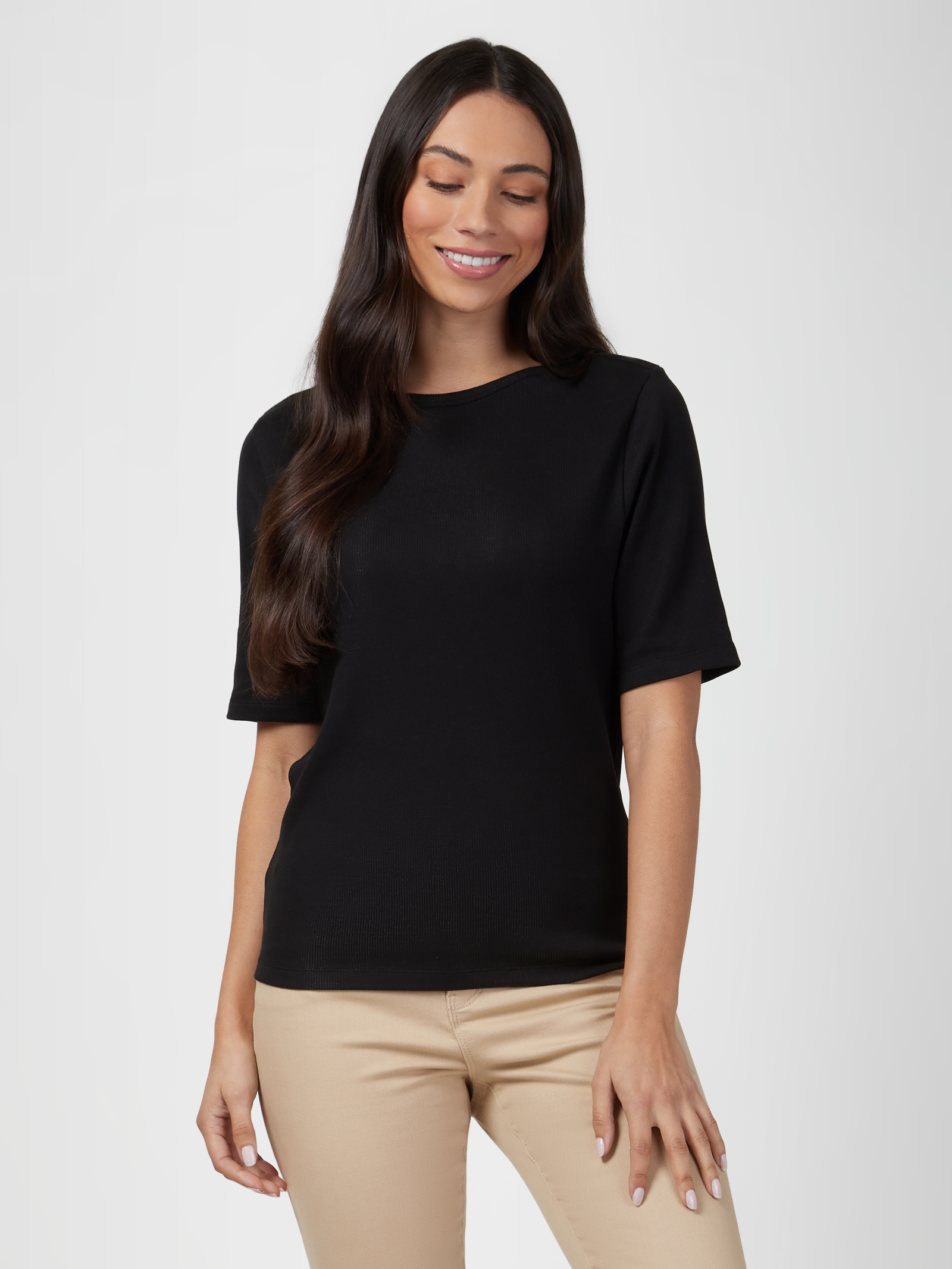 Rib Elbow Sleeve Boatnewck Tee Black