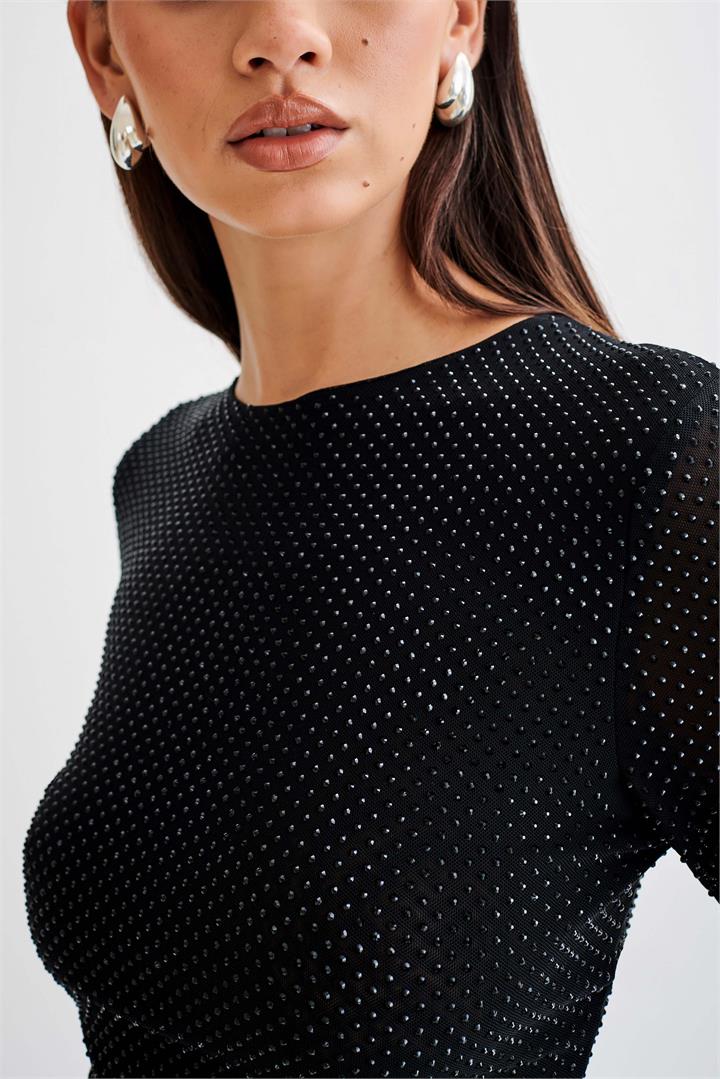 Selma Long Sleeve Diamante Bodysuit - Black/Black