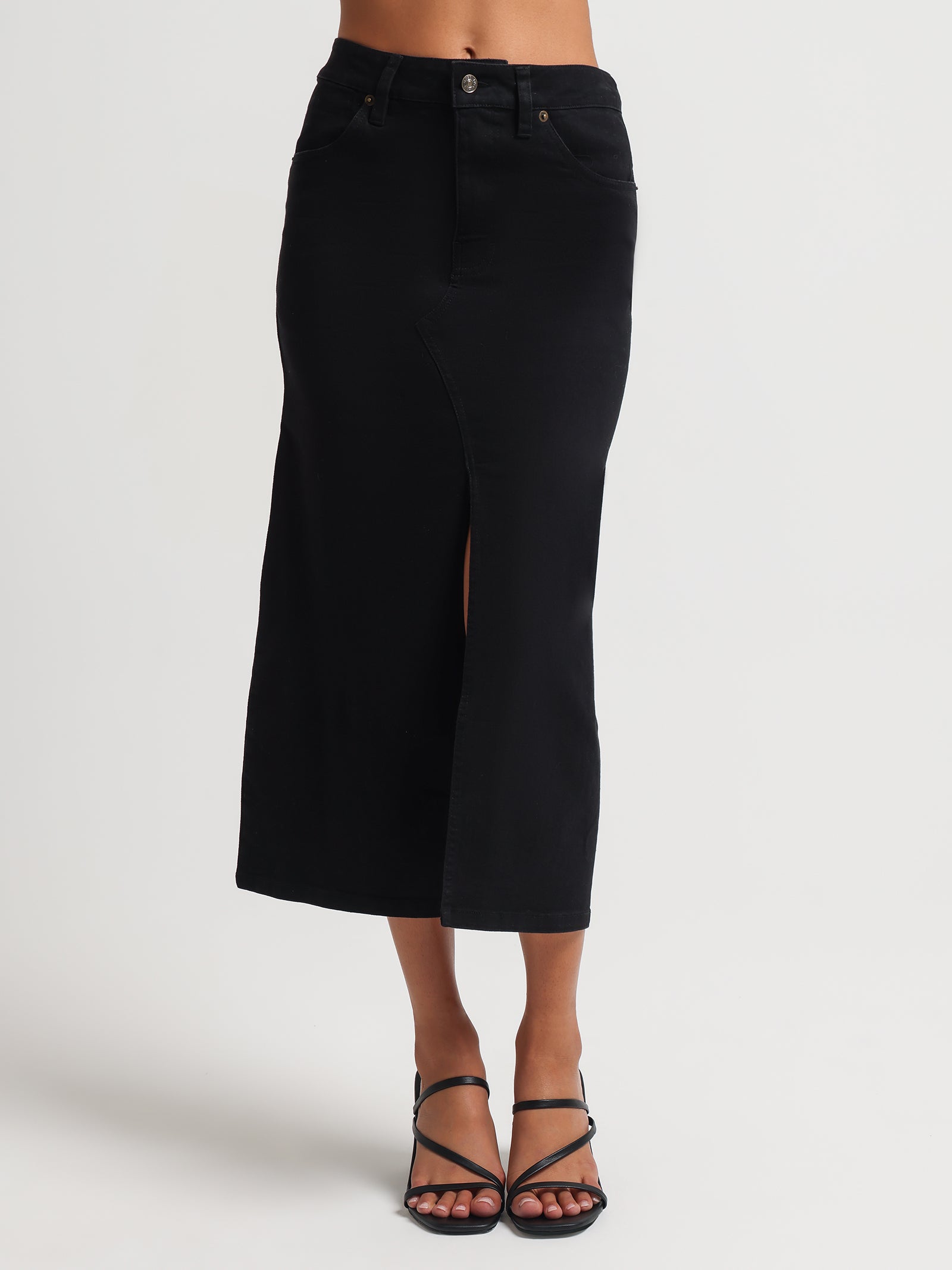 Serena Denim Split Midi Skirt in Black