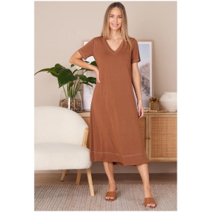 Short Sleeve Contrast Stitch Dress - Mocha - 10