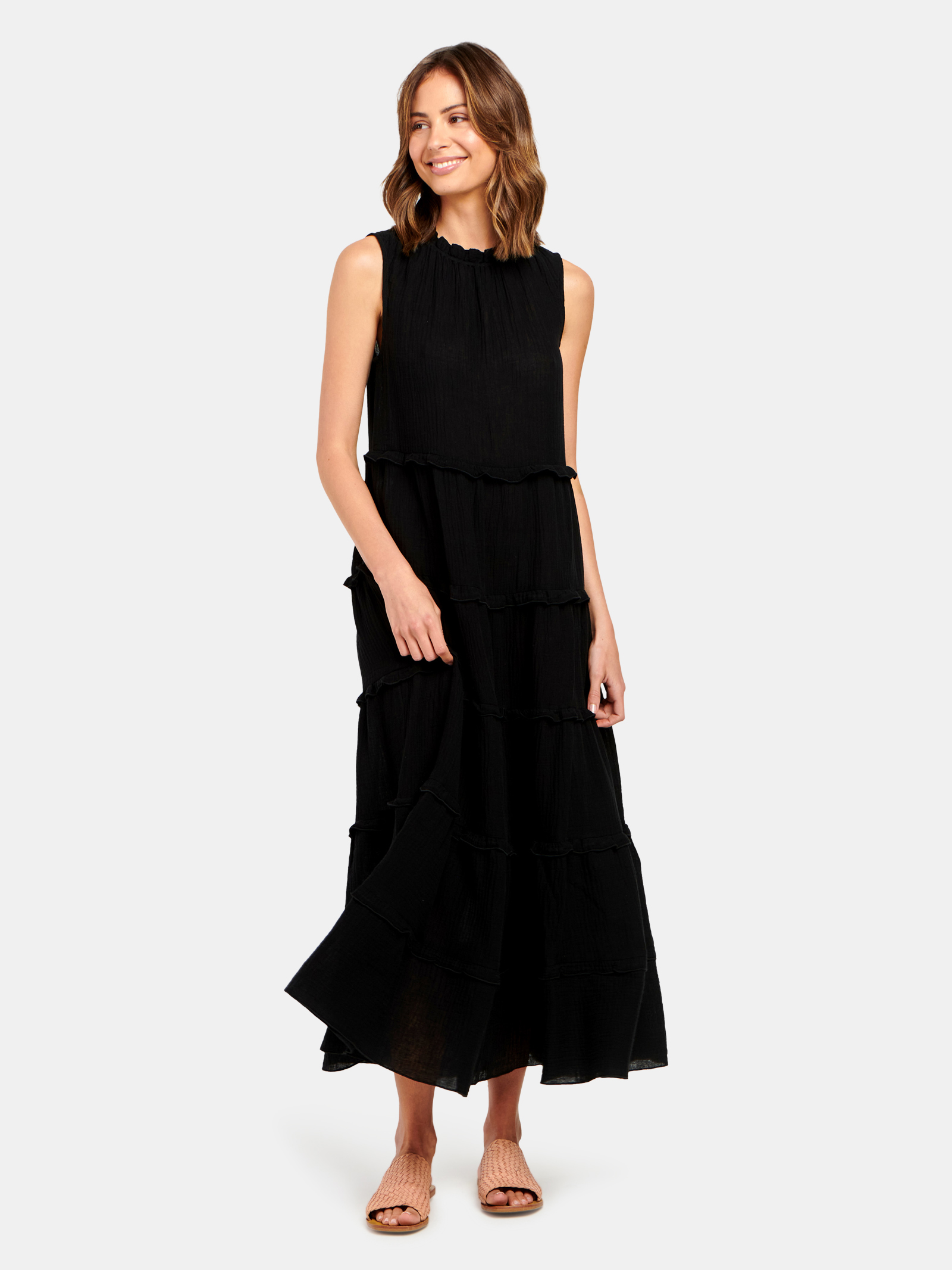 Sophie Slv Tiered Midi Dress Black