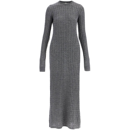 TOTEME long dress in rws wool gray mélange with cable knit pattern