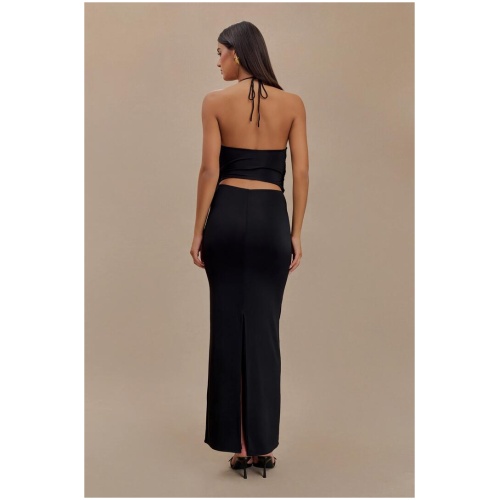 Tyla Draped Slinky Halter Maxi Dress - Black