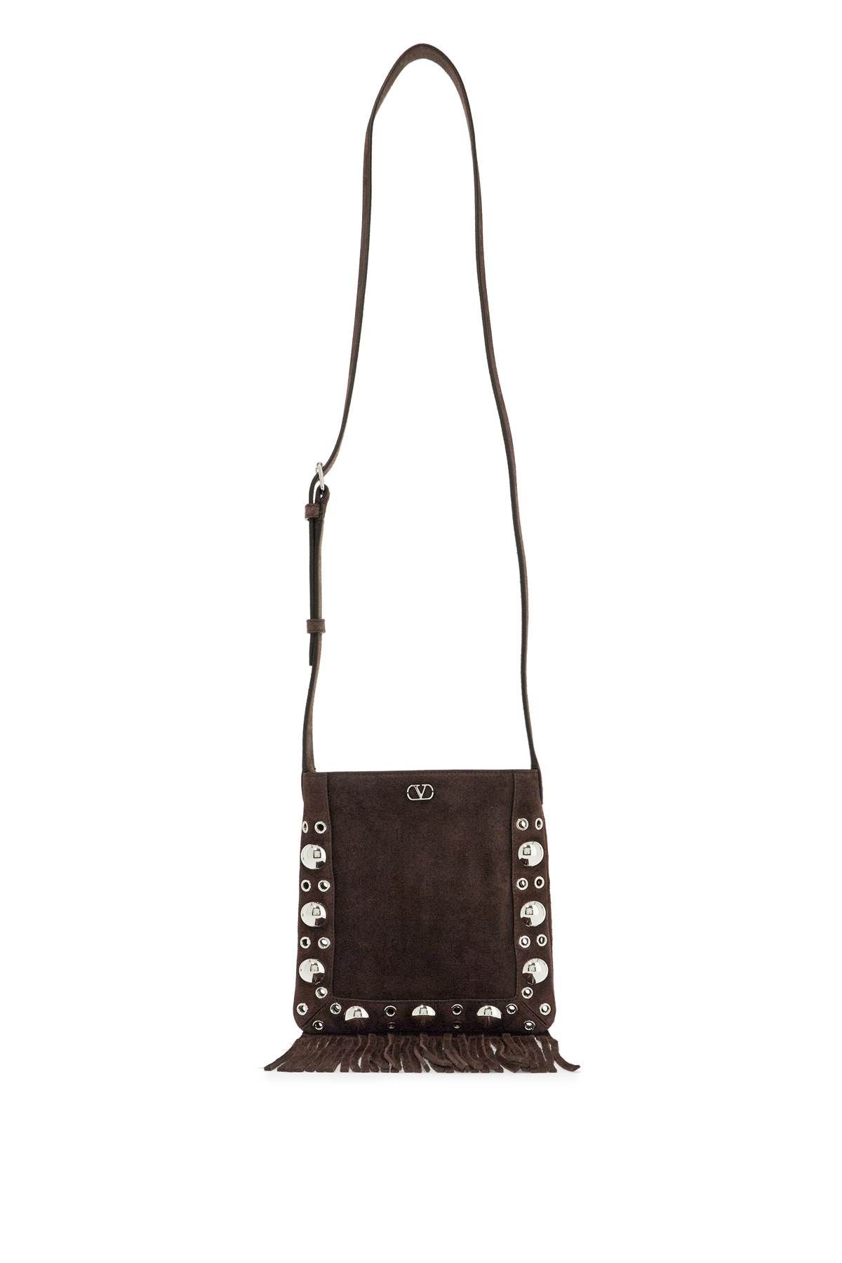 VALENTINO GARAVANI small suede crossbody bag in dark brown with studs and fringe