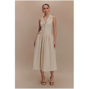 Valery Linen Midi Collar Dress - Natural