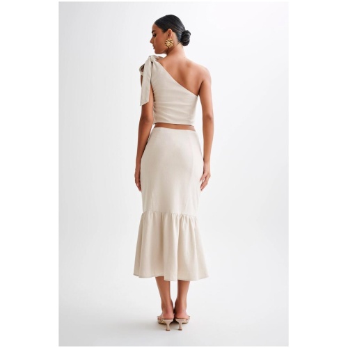 Venezia Linen Midi Skirt With Ruffle - Natural