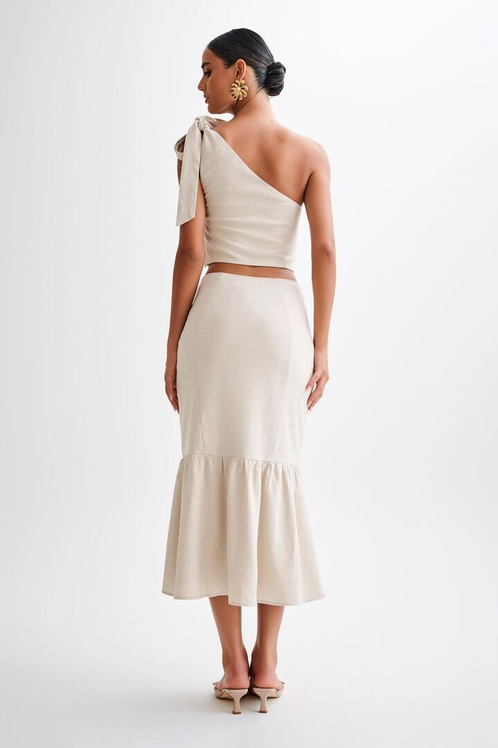 Venezia Linen Midi Skirt With Ruffle - Natural