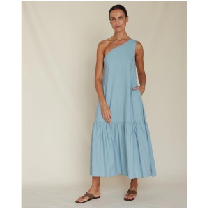 Amelius Sale Women's Aruba Linen One Shoulder Dress Duckegg Blue S Linen Midi Dresses Afterpay Available