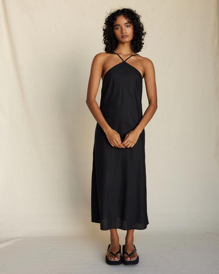 Amelius Sale Women's Krisha Linen Halter Midi Dress Black S Cotton Midi Dresses Afterpay Available