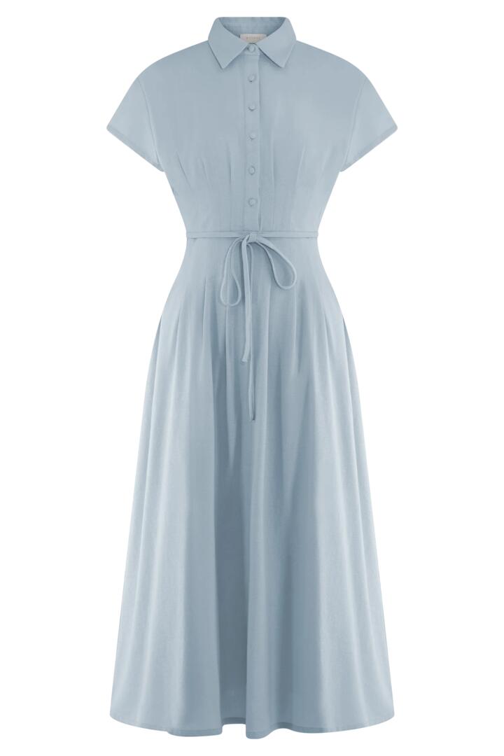 Aysha Buttoned Linen Midi Dress - Cornflower Blue