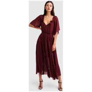 Belle And Bloom Sale Women's Amour Amour Ruffled Midi Dress Burgundy Burgundy / XS Viscose Midi Dresses Afterpay Available