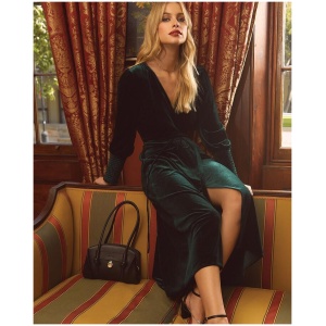 Belle And Bloom Sale Women's Current Mood Velvet Wrap Dress Dark Green XS Long Sleeves Midi Dresses Afterpay Available