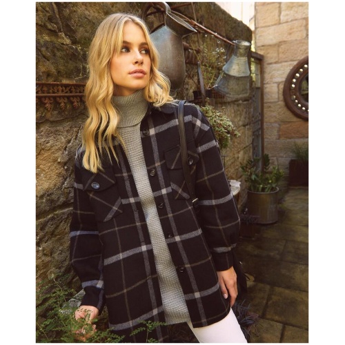 Belle And Bloom Sale | Women's River's Edge Plaid Shacket | Black Plaid | XS | Polyester, Wool Jackets | Afterpay Available