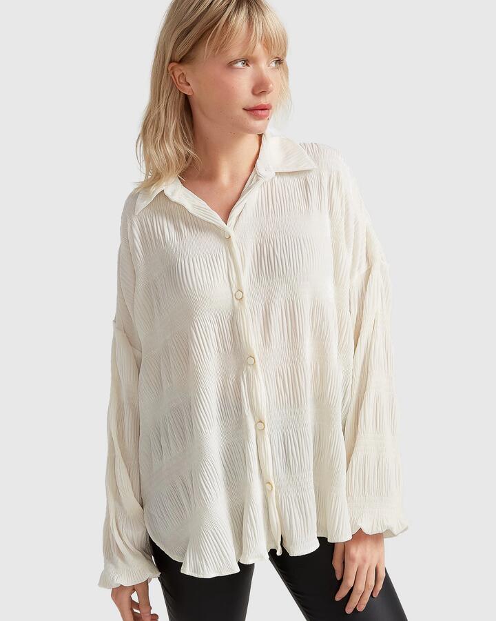 Belle And Bloom Sale | Women's Serenade Velvet Plisse Shirt | Off|White | XS | Polyester Shirts | Afterpay Available