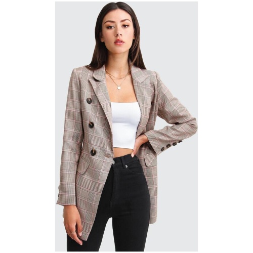 Belle And Bloom Sale | Women's Too Cool For Work Plaid Blazer | Brown | S | SPANDEX Jackets | Afterpay Available