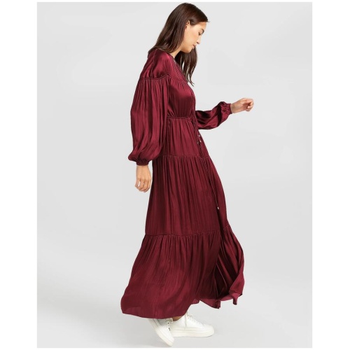 Belle And Bloom Sale Women's Window Seat Tiered Maxi Dress Merlot Burgundy / S Long Sleeves Maxi Dresses Afterpay Available