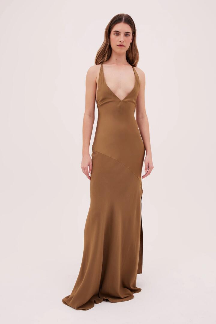 Bianca Spender Sale Women's GOLD SATIN CREPE FRIDA DRESS 1 Polyester, Cotton Designer Maxi Dresses Afterpay Available