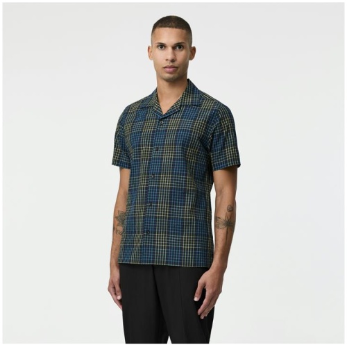 Calibre Sale Unisex Tailored Fit Crinkled Check Short Sleeve Shirt Navy / S Cotton Short Sleeve Shirts Afterpay Available