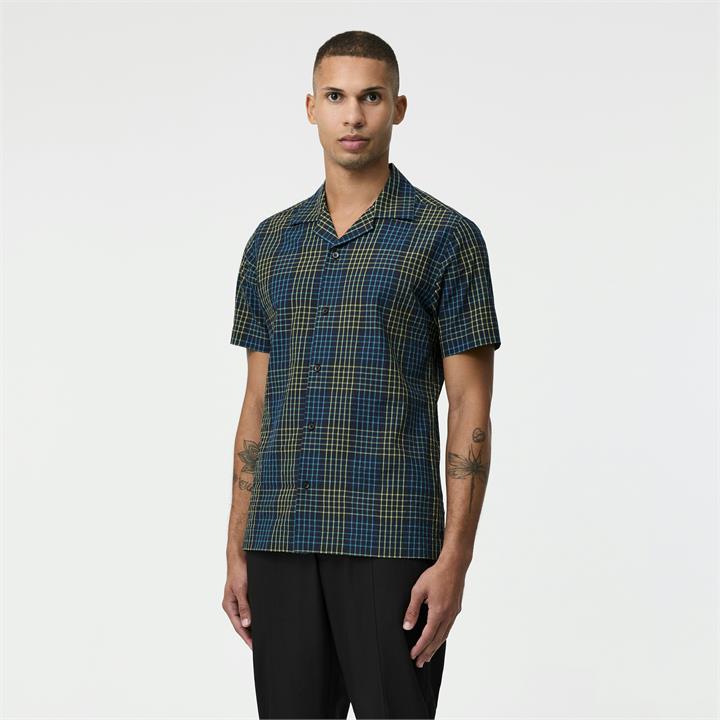 Calibre Sale Unisex Tailored Fit Crinkled Check Short Sleeve Shirt Navy / S Cotton Short Sleeve Shirts Afterpay Available