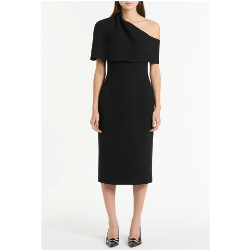 Carla Zampatti Sale Women's BLACK CREPE DRAPED COLLAR DRESS 6 Designer Midi Dresses Afterpay Available