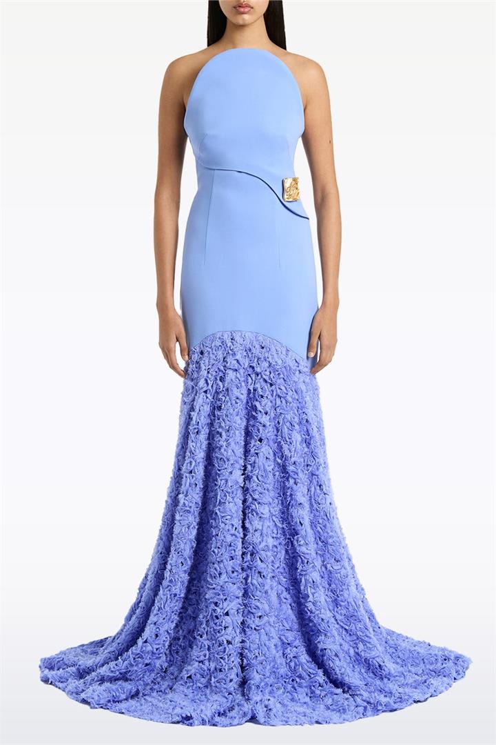 Carla Zampatti Sale Women's CORNFLOWER NASTRO STRAPLESS GOWN 4 Designer Maxi Dresses Afterpay Available