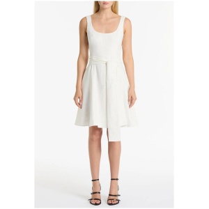 Carla Zampatti Sale Women's IVORY Linen SQUARE NECK MIDI DRESS IVORY / 10 Linen Designer Midi Dresses Afterpay Available