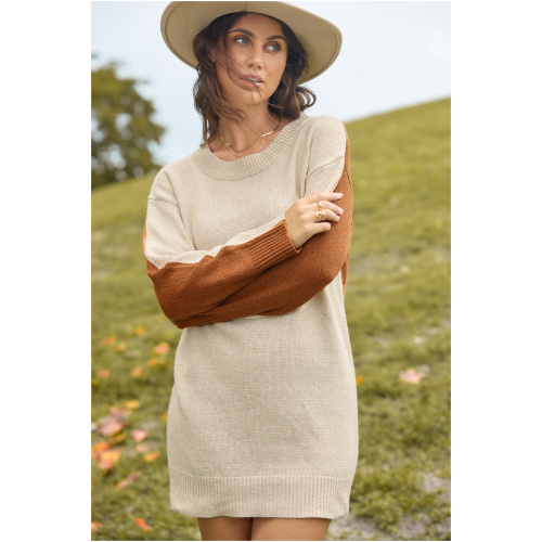 Cupshe Neutral Colorblock Long Sleeve Mini Sweater Dress - Beige,L