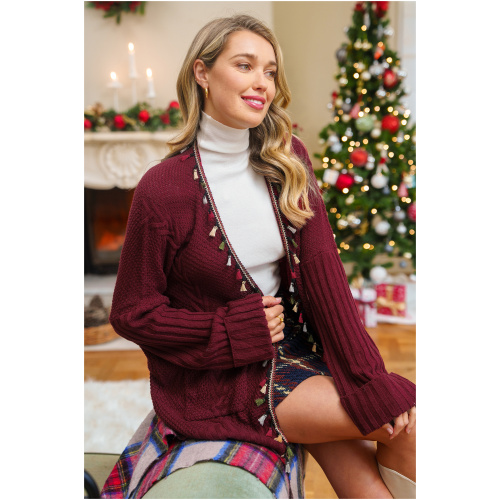 Cupshe Red Tassel Long Sleeve Open Front Cardigan - Burgundy,L