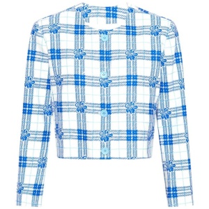 Emma Mulholland On Holiday Sale | Women's Hibiscus Plaid Cropped Jacket | Blue/White | Blue / S | Linen Designer Jackets | Afterpay Available