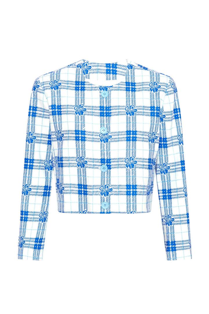 Emma Mulholland On Holiday Sale | Women's Hibiscus Plaid Cropped Jacket | Blue/White | Blue / S | Linen Designer Jackets | Afterpay Available