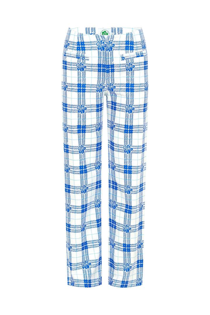 Emma Mulholland On Holiday Sale | Women's Hibiscus Plaid Linen Pants | Blue/White | Blue / S | Linen Designer Pants | Afterpay Available