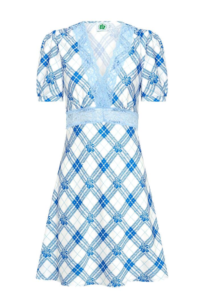 Emma Mulholland On Holiday Sale Women's Hibiscus Plaid Mini Dress Blue/White Blue / XS Designer Mini Dresses Afterpay Available