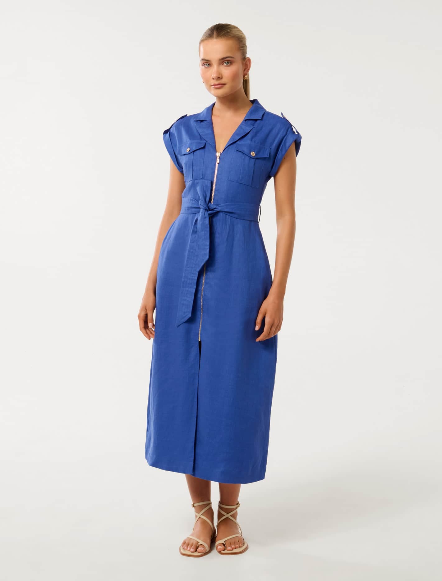 Forever New Women's Alison Utility Linen Midi Dress in Nautical Blue