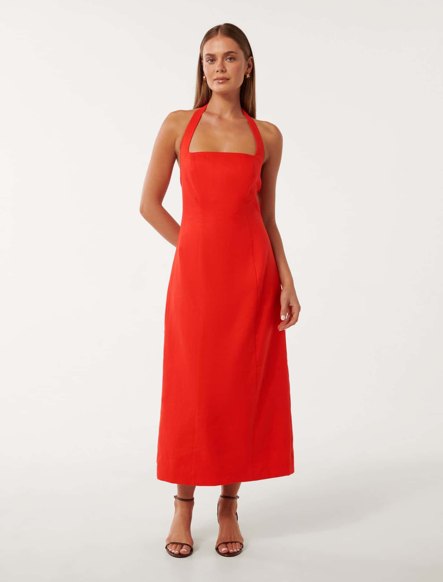 Forever New Women's Anderson Halter Neck Linen Midi Dress in Flame Scarlet