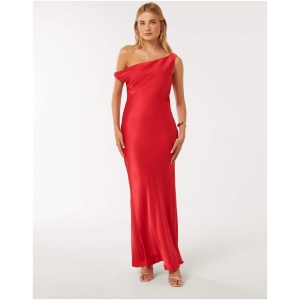 Forever New Women's Blake Satin Tipped Shoulder Maxi Dress in Strawberry Red