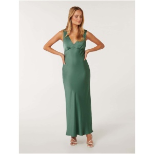 Forever New Women's Cameron V-Neck Satin Maxi Dress in Burning Sage