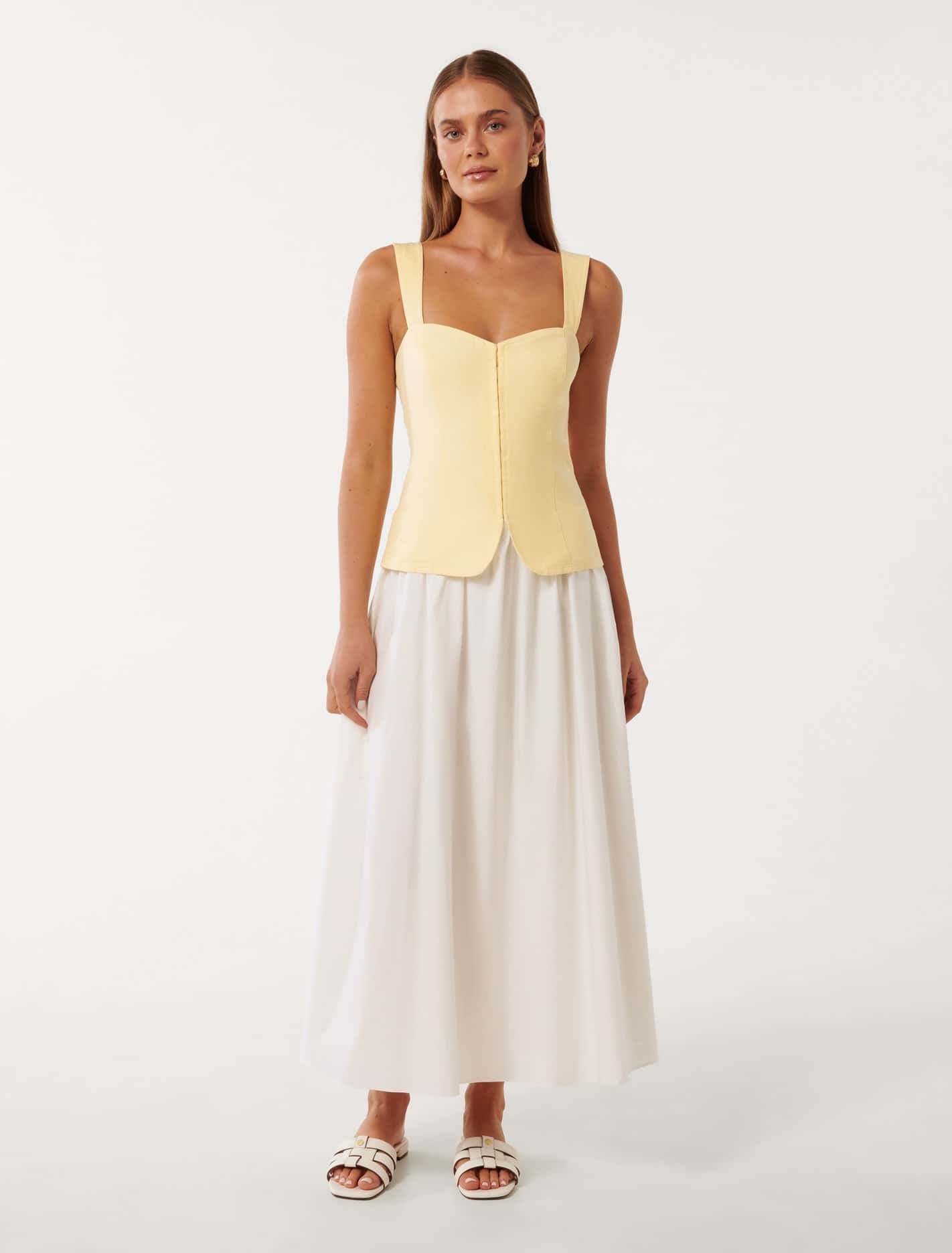 Forever New Women's Carly 2 in 1 Hook and Eye Midi Dress in Lemon/Porcelain