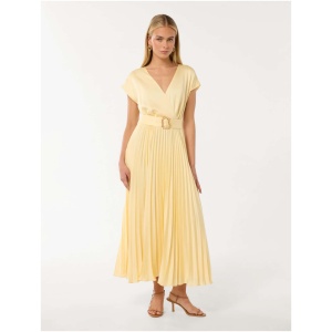 Forever New Women's Catherine Satin Pleated Midi Dress in Lemon Drop