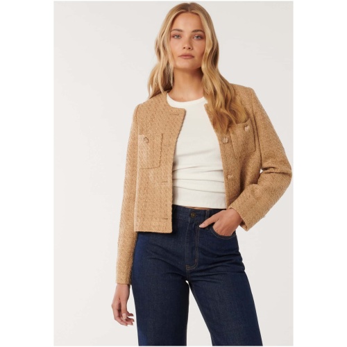 Forever New Women's Chrissy Crop Boucle Jacket in Light Camel