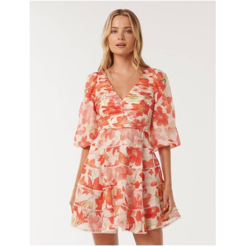 Forever New Women's Cindy Tiered Floral Skater Dress in Red Calida Botanical