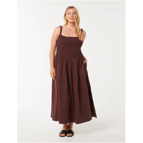 Forever New Women's Dylan Curve Shirred Cotton Midi Dress in Rum Raisin