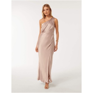 Forever New Women's Emily One Shoulder Satin Maxi Dress in Beige Pearl