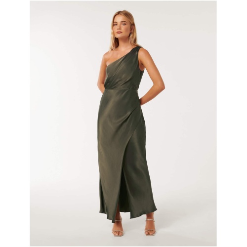 Forever New Women's Emily One Shoulder Satin Maxi Dress in Olive