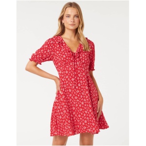 Forever New Women's Emmie Ruffle-Neck Mini Dress in Red Flindon Ditsy