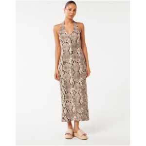 Forever New Women's Hailey Halter V-Neck Midi Dress in Light Sepia Snake