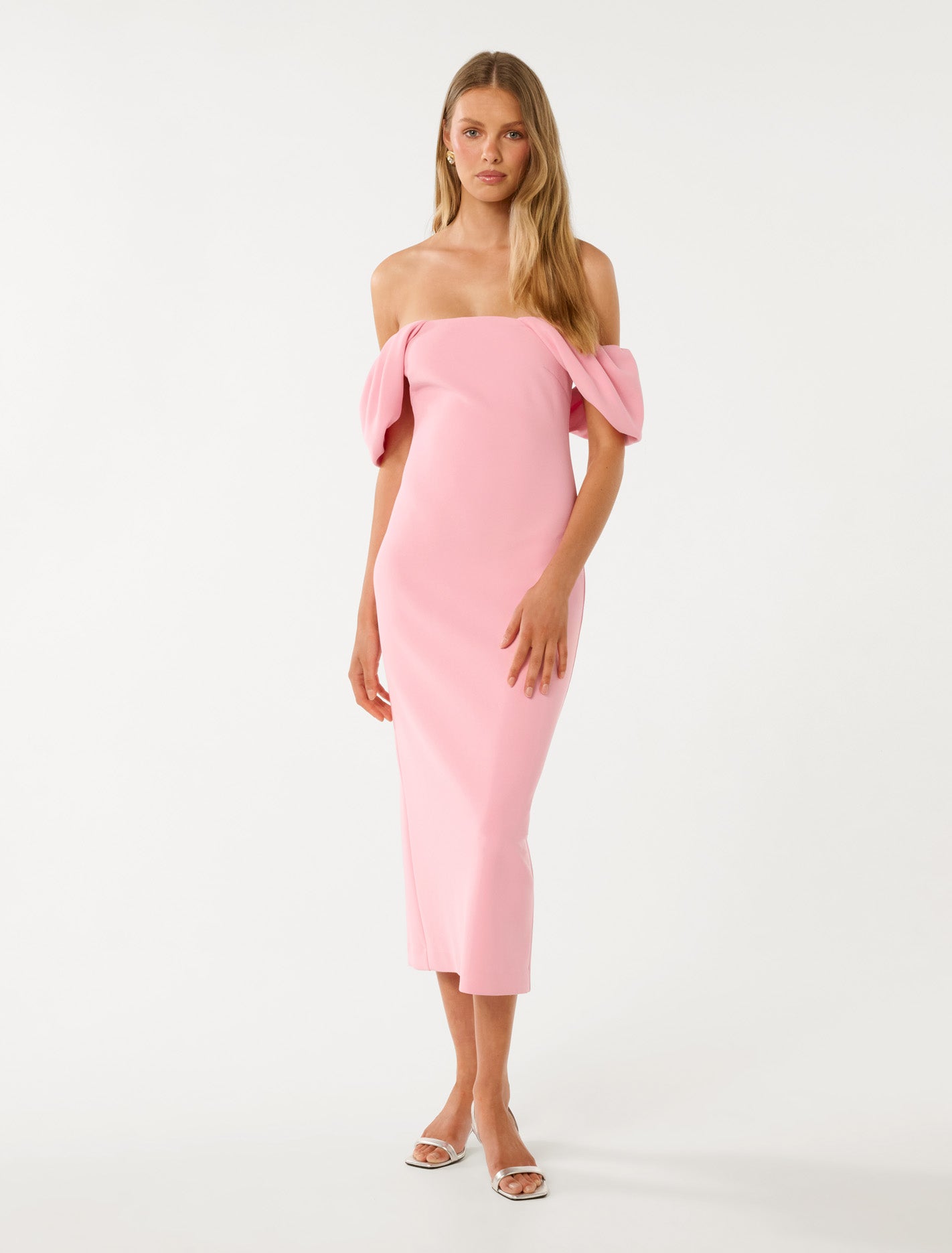 Forever New Women's Jacinta Off-Shoulder Bodycon Midi Dress in Prism Pink